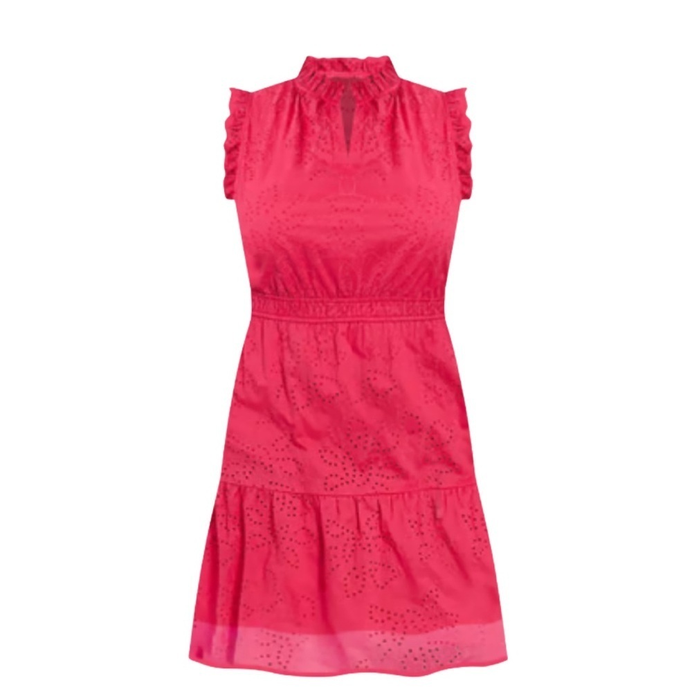 NWOT London Times Petite M Pink Ruffle Eyelet Dress Lined Frilly